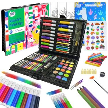 Imagem de KIDDYCOLOR Kit de arte infantil, 87 peças, conjunto de arte de pintura e desenho com bolsa de armazenamento Balck, incluindo pastéis a óleo, giz de cera, lápis de cor
