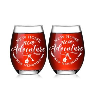 Imagem de 2 peças presente de inauguração de casa para casais, presentes de aquecimento de casa para anfitriã 2026 taça de vinho sem haste nova casa nova aventura novas memórias, primeiro presente de casa para