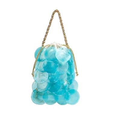 Imagem de BCVWQXA Bolsa feminina moderna de tecido de concha chique bolsa de praia com contas bolsa de corrente para viagem de verão festa na praia, Azul