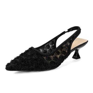 Imagem de Elegante salto gatinho de renda para mulheres – Slingback bico fino de malha floral – Sandálias formais de salto baixo para festas de casamento, Black Out, 40