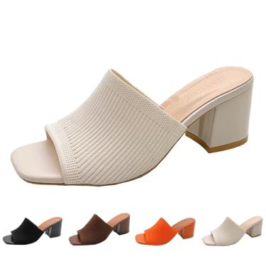 Imagem de OXNEUHG Sandália feminina de malha peep toe salto grosso, moderno, bico aberto, sem cadarço, salto bloco, mules, verão, casual, respirável, sandália deslizante, Bege, 33
