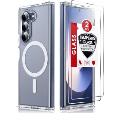 Imagem de LeYi Capa Z-Fold-6: Capa para Galaxy Fold 6 [compatível com MagSafe] com 2 peças de protetor de tela de vidro temperado, capa protetora magnética translúcida fosca à prova de choque para Z Fold 6