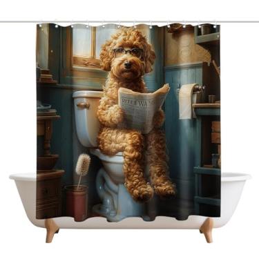 Imagem de XMWYTJ Cortinas de chuveiro fofas de cachorro de pelúcia engraçadas com decoração retrô para porta de celeiro em tecido de poliéster conjunto de cortinas de banheiro à prova d'água com 12 ganchos, 180