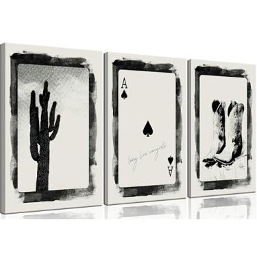 Imagem de 3 peças arte de parede de caubói ocidental estética preto e branco cacto botas de cowboy pintura imagem decoração de parede vintage sudoeste deserto impressão arte para sala de estar quarto decoração