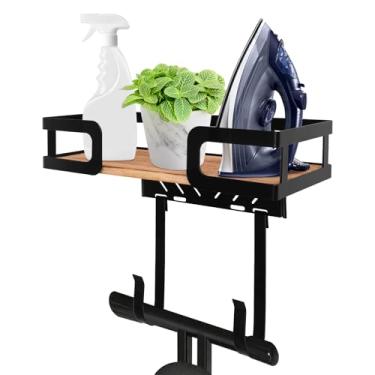 Imagem de ZJRDYYK Suporte de tábua de passar roupa, tábua de passar e cabide de ferro com base de madeira cesta de armazenamento e ganchos removíveis para casa lavanderia e fazenda (preto, suporte de parede)