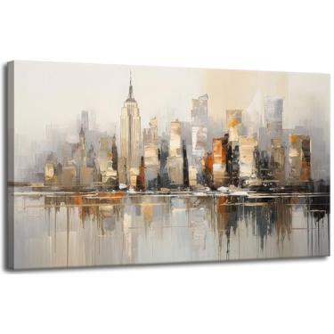 Imagem de Arte de parede grande abstrata para sala de estar, pintura reflexiva de paisagem de Nova York, fotos modernas, marrom, cinza, tema da cidade, grandes impressões neutras para banheiro, quarto