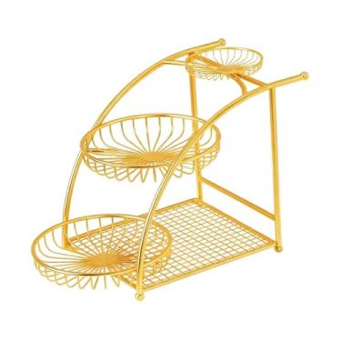 Imagem de MotiveTech Cesta de frutas de 3 andares, suporte para frutas, organizador de armazenamento portátil, elegante e decorativo para e mesa, Ouro