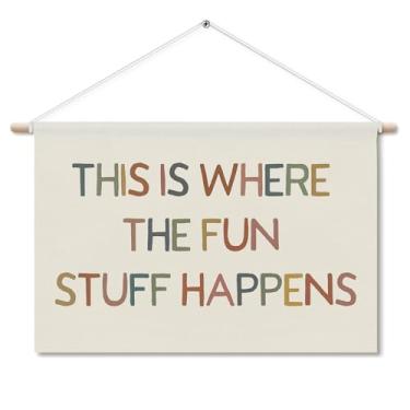 Imagem de TWRVI Cabide de pôster divertido para sala de aula com moldura de madeira, This Is Where The Fun Stuff Happens Decoração de arte de parede para sala de jogos infantil, pôsteres boho para quarto de