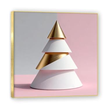 Imagem de Moldura dourada. Arte moderna de presente de Natal, arte geométrica de árvore rosa empoeirada e dourada, tela emoldurada pronta para pendurar para uma casa de férias elegante. A21. 70 x 70 cm - 27,5 x