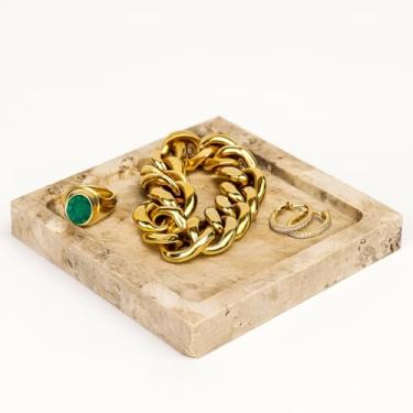 Imagem de noadre Bandeja de joias quadrada de mármore travertino natural, 12,4 cm – Prato acessório de pedra decorativa para anéis, brincos, colares, perfume e chaves, presente para mulheres (prata)