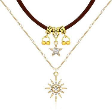 Imagem de Nojess Colar feminino delicado com estrela do sol, colares de couro em camadas, corrente banhada a ouro, colar com pingente, boho, casamento, diário, dia dos namorados, Medium, Metal, Sem Pedra
