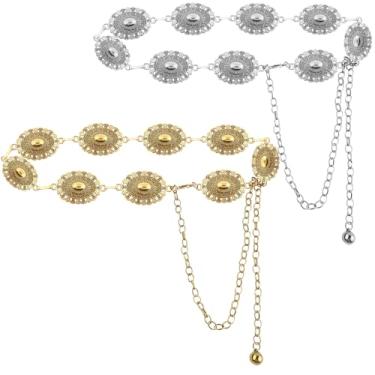 Imagem de PineHaven 2 peças de cinto de corrente de metal ocidental Concho para mulheres, cinto de cowgirl boho cinto ajustável para vestidos, jeans, concertos country acessórios de moda (ouro e prata)