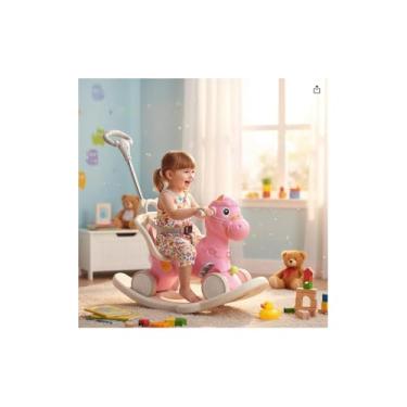Imagem de Cavalinho 2 em 1 Balanço e Carrinho de Passeio com Empurrador, Rosa, Plástico e Metal, 20x84x57cm, com Brinquedos Frontais, Cinto de Segurança, para Crianças Acima de 12 Meses