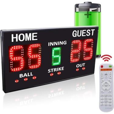 Imagem de YZ Placar LED de beisebol/softbol para cerca, placar digital de alta luz com controle remoto, placar de beisebol eletrônico sem fio recarregável, marcador de pontuação com bolas de entrada para fora