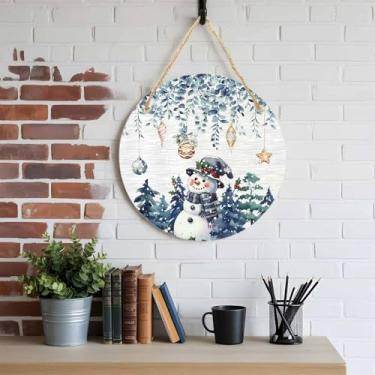 Imagem de Boneco de neve, estrelas, bola, Natal, boas-vindas, para decoração de porta da frente, 15 cm, pinheiros, azul, folhas, madeira, seansonal, redondo, acrílico, decoração de sinal de boas-vindas para
