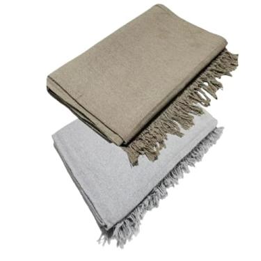 Imagem de Conjunto de mantas extragrandes para sofá (2 peças), dimensões 300 x 180 cm, material de algodão puro, com finalidades decorativas e protetoras. (Areia + Cinza Neblina)