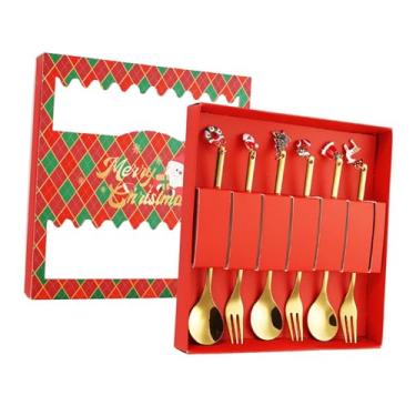 Imagem de IEUDNS Garfos e colheres para o Natal com caixa de presente Conjuntos de talheres Elegantes e criativos Talheres Colher de chá para cozinha Buffets de, Ouro 6 Peças