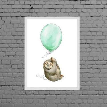 Imagem de Quadro Infantil Bicho Preguiça Com Balão 33X24 Moldura Preta - Quadros