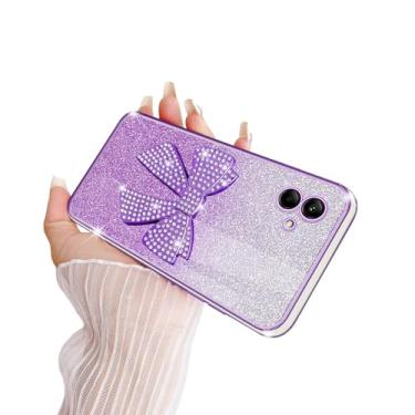 Imagem de TSAYGFK Capa compatível com Samsung Galaxy A04 4G para meninas e mulheres com cristal TPU macio brilhante lindo laço 3D com cordão à prova de choque capa protetora para Samsung Galaxy A04, violeta