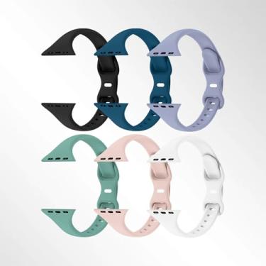 Imagem de Pulseiras finas compatíveis com Apple Watch Ultra 3 2 1 séries 11 10 9 8 7 6 5 4 mm 4 mm 42 mm 41 mm e 49 mm SE para mulheres e homens, pulseira esportiva estreita macia (pacote com 6) (preto + azul