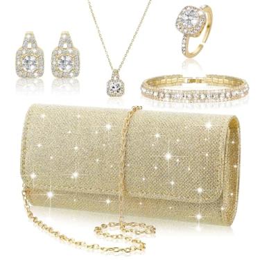 Imagem de Canchiing Conjunto de 5 peças de joias de strass de ouro para mulheres, joias de formatura com glitter, bolsa de embreagem com glitter, colar de noiva, brincos, pulseiras, anel dourado brilhante, kit