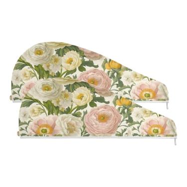 Imagem de SEHANY Toalha de cabelo de microfibra de flores coloridas elegantes para mulheres, 2 peças, turbantes de cabelo de secagem rápida com botão, touca de cabelo seco absorvente toalha de secagem de cabelo