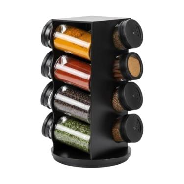Imagem de Porta Condimentos Giratório Plástico Preto com 8 Potes 80ml, Organizador de Temperos para Cozinha, Base Rotativa 360°, Armazenamento de Especiarias