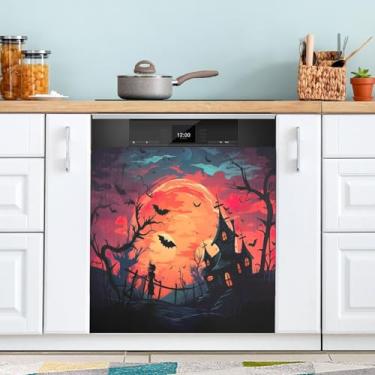 Imagem de ATTX Capa de ímã para lava-louças lua de Halloween casa, 58,4 cm C x 66 cm A decoração da capa da máquina de lavar louça, decalques de armário doméstico eletrodomésticos adesivos #55