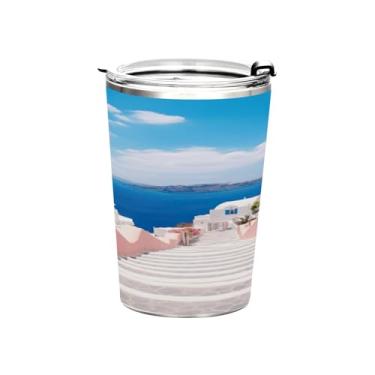 Imagem de Blueangle Copo de 340 g com tampa e canudo, copo de café com água isolada a vácuo de aço inoxidável, caneca de viagem romântica Villagecore copo térmico para bebidas quentes e frias (78)