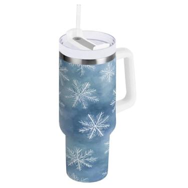 Imagem de Blueangle Copo de flocos de neve de Natal de 1,134 g com alça e tampa de palha, copo isolado reutilizável de aço inoxidável garrafa de água caneca de viagem (120)