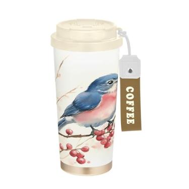 Imagem de SEHANY Caneca de viagem de pássaro colorida de 482 g Copos de café reutilizáveis revestidos de cerâmica com tampa à prova de vazamento, parede dupla, copo de café de aço inoxidável isolado a vácuo
