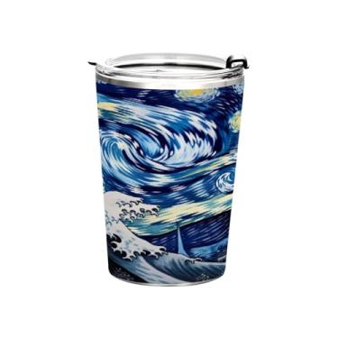 Imagem de Blueangle Copo de 340 g com tampa e canudo, copo de café com água isolada a vácuo de aço inoxidável, caneca de viagem de onda grande, copo térmico para bebidas quentes e frias (339)