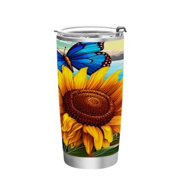 Imagem de Blueangle Copo de 590 ml com tampa e canudo, copo de café com água isolada a vácuo de aço inoxidável, caneca de viagem de borboleta de girassol, copo térmico para bebidas quentes e frias (257)