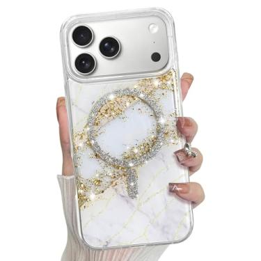 Imagem de Bonoma Capa magnética para iPhone 17 Pro 2025 【Suporte para Magsafe】 Capa de borda à prova de choque de cristal brilhante de mármore brilhante - branca