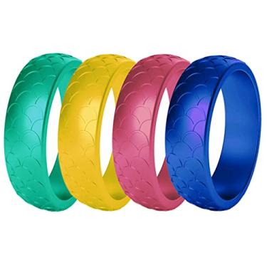 Imagem de Aliança de casamento feminina de silicone 4 cores um conjunto de anéis de borracha de superfície de escama de peixe para esportes ao ar livre, tamanho 4-10, Silicone, Sem pedra preciosa