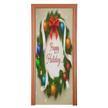Imagem de Wassud Capa para porta de Natal grande de 99 x 199 cm, decoração de guirlanda de Natal, faixa elástica para porta interna para varanda e porta da frente