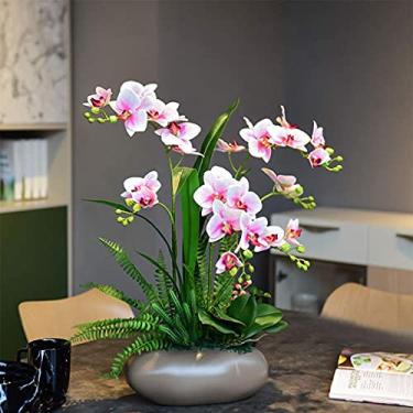 Imagem de LMJYU Conjunto de flores artificiais, bonsai de orquídea artificial com vaso PU borboleta orquídea decoração para casa, escritório, mesa de jantar, decoração de festa, lindas flores artificiais e