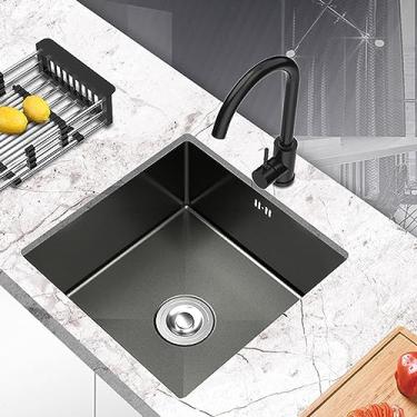 Imagem de PVXMQFFA Pia de cozinha Pia quadrada preta nano pia artesanal pia de bar sob o balcão para cozinha banheiro bar varanda bar pia (cor: preto, tamanho: 50 * 40 cm)