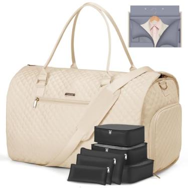 Imagem de LekeSpring Sacos de vestuário com 6 conjuntos de organizadores de embalagem, bolsa de fim de semana conversível para mulheres, bolsas de mão grandes para viagem, bolsa de roupa para presente, cor bege