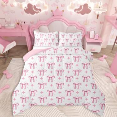 Imagem de jejeloiu Conjunto de edredom solteiro com laço rosa, para crianças, meninos, meninas, princesa, edredom e gravata borboleta, decoração de quarto de microfibra, 2 peças com 1 fronha