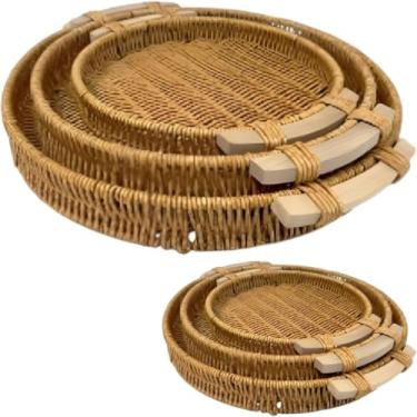 Imagem de Kit 3 Bandejas Redondas em Madeira, Plástico e Metal, Empilháveis, 24cm, 30cm e 35cm, Natural