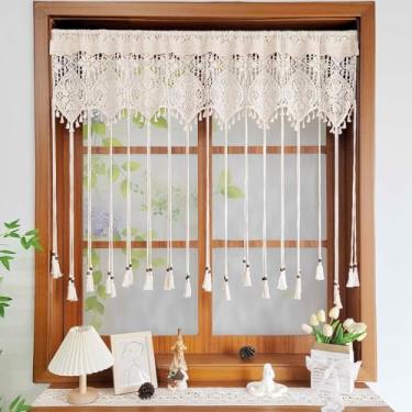 Imagem de Saia de crochê boho para janelas, cozinha, macramê, crochê, saia transparente com borlas para casa de fazenda, bege, rústico, crochê, borla, para café, sala de jantar, bolso para varão, 1 painel (bege