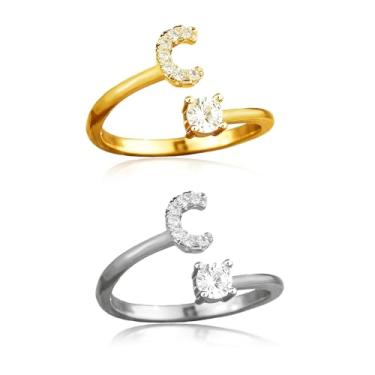 Imagem de ABJFJE Anéis femininos ajustáveis com letras prateadas douradas delicadas zircão cristal inicial empilhável anel moderno joia exclusiva presente 2 peças, Latão, Cristal