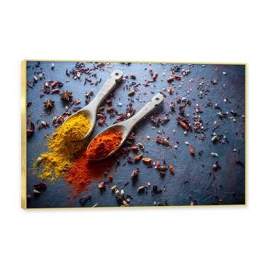Imagem de NHLDZYH Moldura dourada. Arte de parede em tela de especiarias coloridas e colher de tempero | Decoração de cozinha vintage | Arte moderna para casa e sala de jantar. B45. 80 x 120 cm - 31,5 x 47,3
