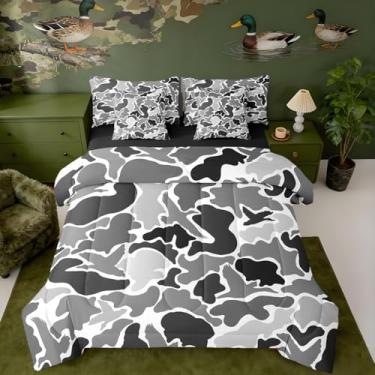 Imagem de Feelyou Jogo de cama de caçador de pato, cinza, camuflagem, caça, 7 peças, tamanho Queen, preto e marrom, todas as estações, cama em uma bolsa com edredom, lençóis, fronhas, camuflado, respirável,