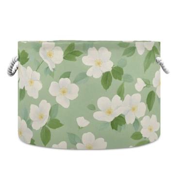 Imagem de JUZIHAI Cesta de armazenamento dobrável com estampa de flores brancas, cesto de roupa suja para bebê, cobertor com alças de corda de algodão, caixa organizadora de armário dobrável para quarto