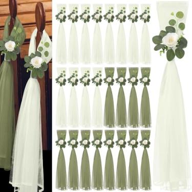 Imagem de WGXX Conjunto de 24 decorações grandes de corredor de casamento 80 cm para cadeira, hortênsia/flores de gardênia com cauda longa de tule, decoração de casamento de banco de igreja para banco, chá de