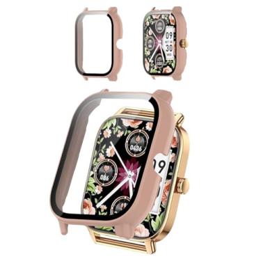 Imagem de Capa protetora compatível com smartwatch Paukila P91 de 4,7 cm, capa rígida de policarbonato e protetor de tela de vidro temperado 9H - à prova de choque, resistente a arranhões, cobertura total (rosa