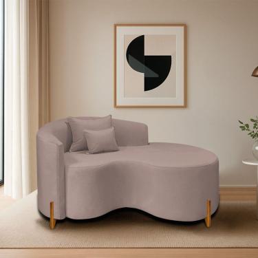 Imagem de Divã Recamier Curvo Sala De Estar Recepção Inglaterra 150cm Pés Madeira Lado Direito Linho Cor Rosê