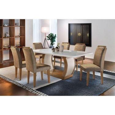 Imagem de Kit Mesa C- Tampo Vidro Canto Curvo 180cm + 6 Cadeiras Imbuia Chocolate